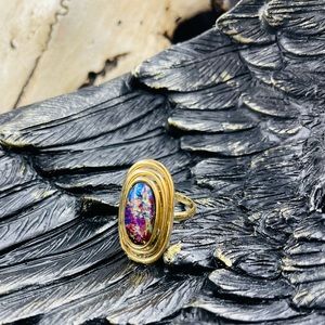 Vintage Sarah Coventry 70s Rainbow Cavern Cabochon Gold Ring